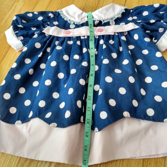 Vintage Handmade Baby Dress Blue Pink Polka Dots - Picture 14 of 14